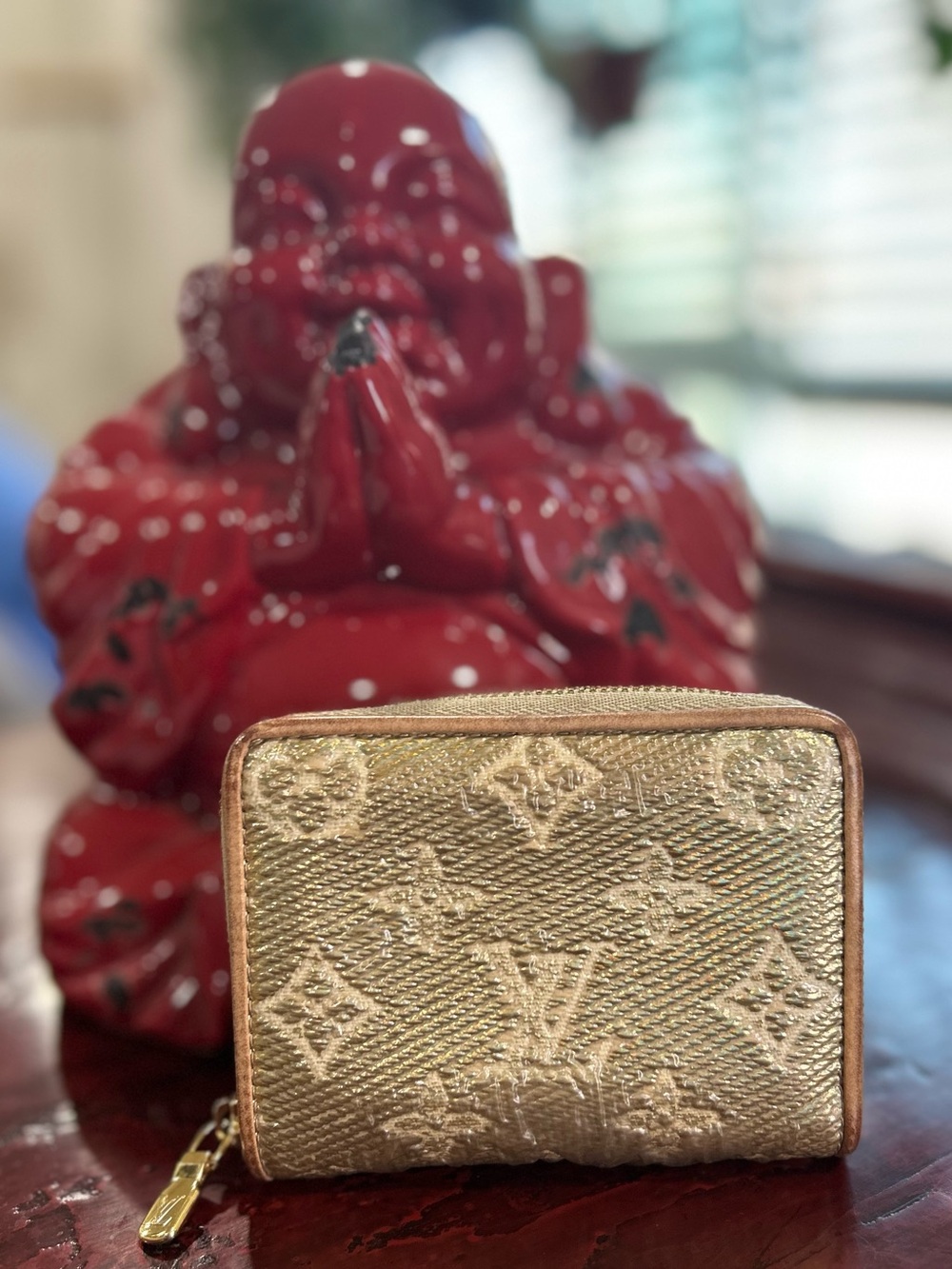 Louis Vuitton Gold Monogram Laminated Jacquard Zippy Coin Purse, Authentic